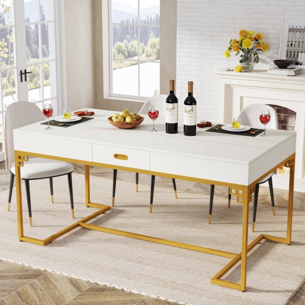 Dining Table, 63? Breakfast Dinner Table with 2 Drawers for 4 to 6