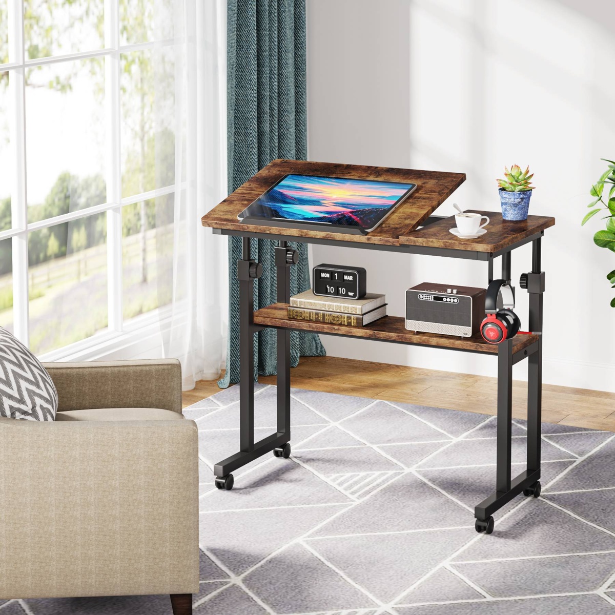 Height Adjustable Desk, Rolling Standing Computer Desk for Sofa Bed - Image 4