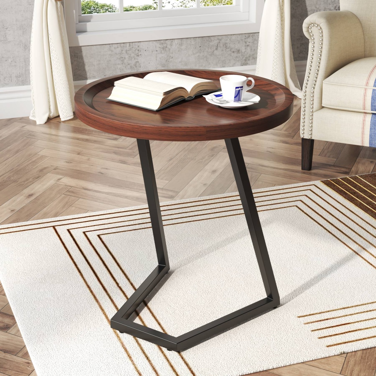 End Table, Round Side Snack Table with L-Shaped Metal Leg - Image 1