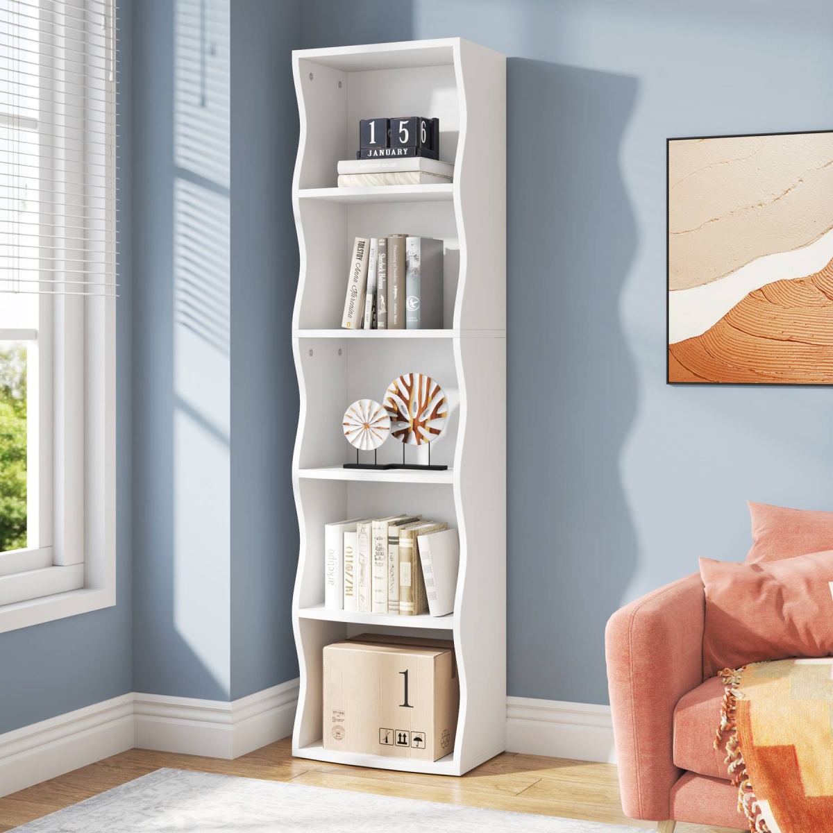 Bookshelf, 70.9? Narrow Bookcase 5 Cube Storage Organizer - Image 1