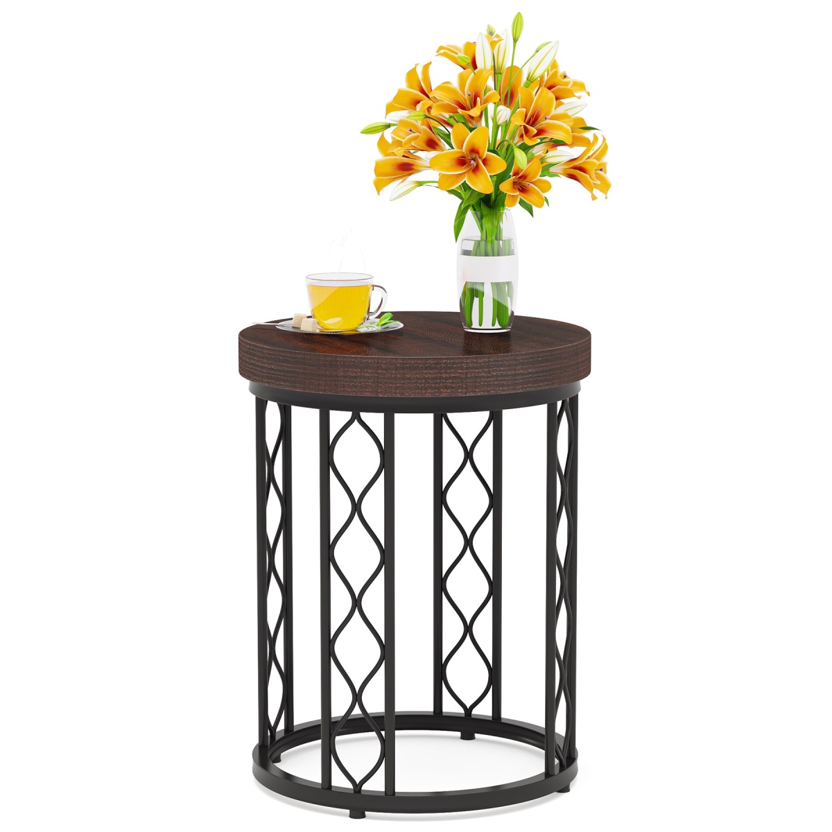 End Table, Round Side Table Nightstand with Metal Frame - Image 1