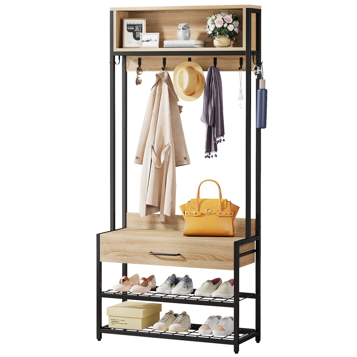 Coat Rack Shoe Bench, Entryway Hall Tree with Drawer & Hooks - Image 8