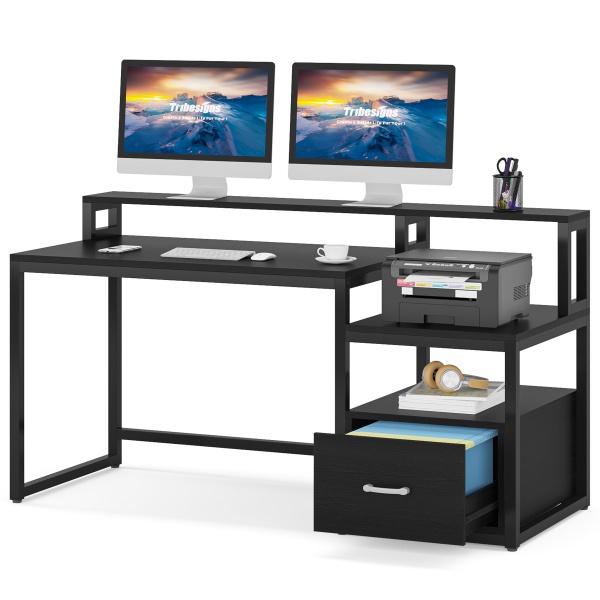 Computer Desk, 60? Desk with File Drawer and Shelves