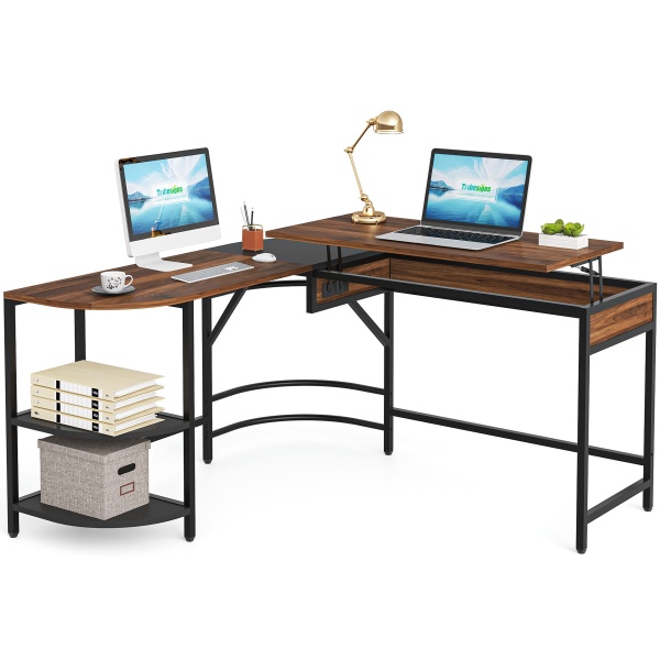 L-Shaped Desk with Lift Top, 59? Corner Computer Desk with Storage Shelves