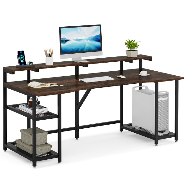 Computer Desk, 63? Writing Desk with Monitor Stand & Storage Shelves