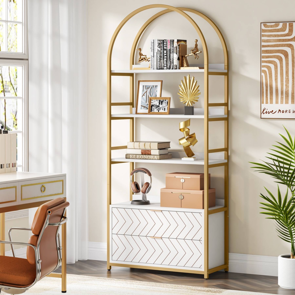 Bookshelf, 74.8? Etagere Bookcases with 2 Drawers & 4-Tier Shelves - Image 1