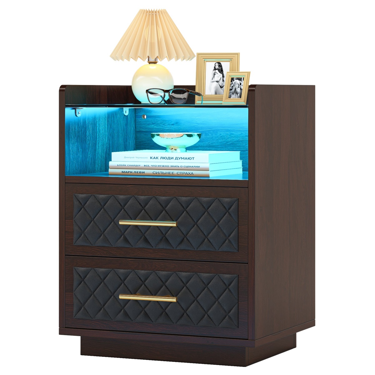 Nightstand, 2 Drawers Beside Table with LED Lights and Shelves - Image 1
