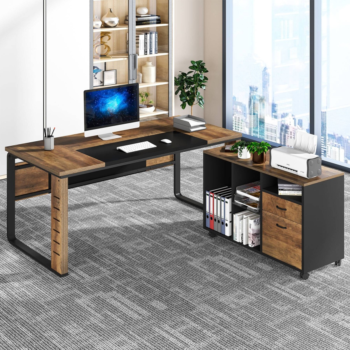 L-Shaped Desk, 59? Executive Office Desk with Lateral File Cabinet - Image 1