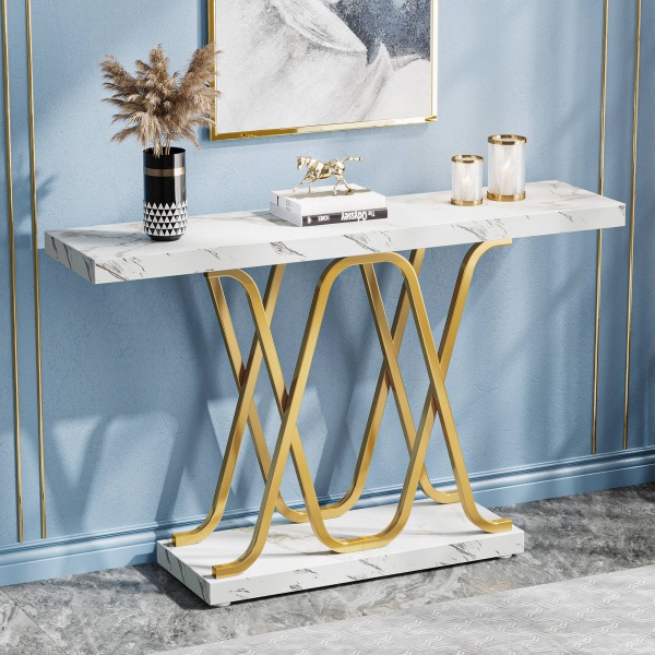 Console Table, 2-tier Modern 39? Sofa Table with Faux Marble Top