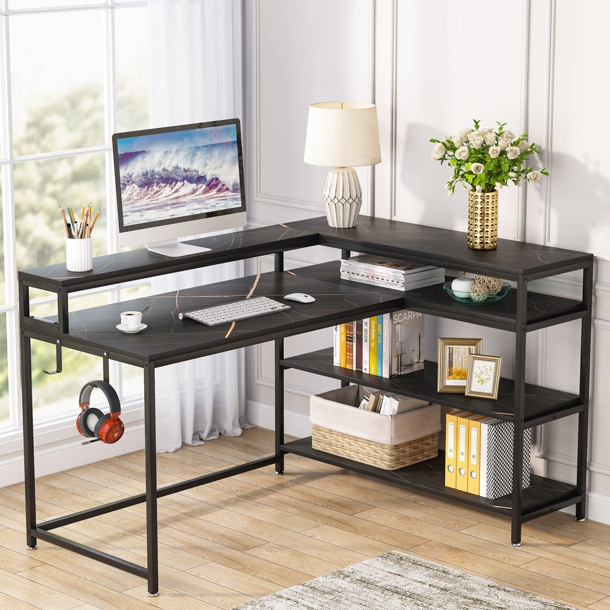 L-Shaped Desk, 53? Reversible Corner Desk with Shelves and Monitor Stand - Image 2