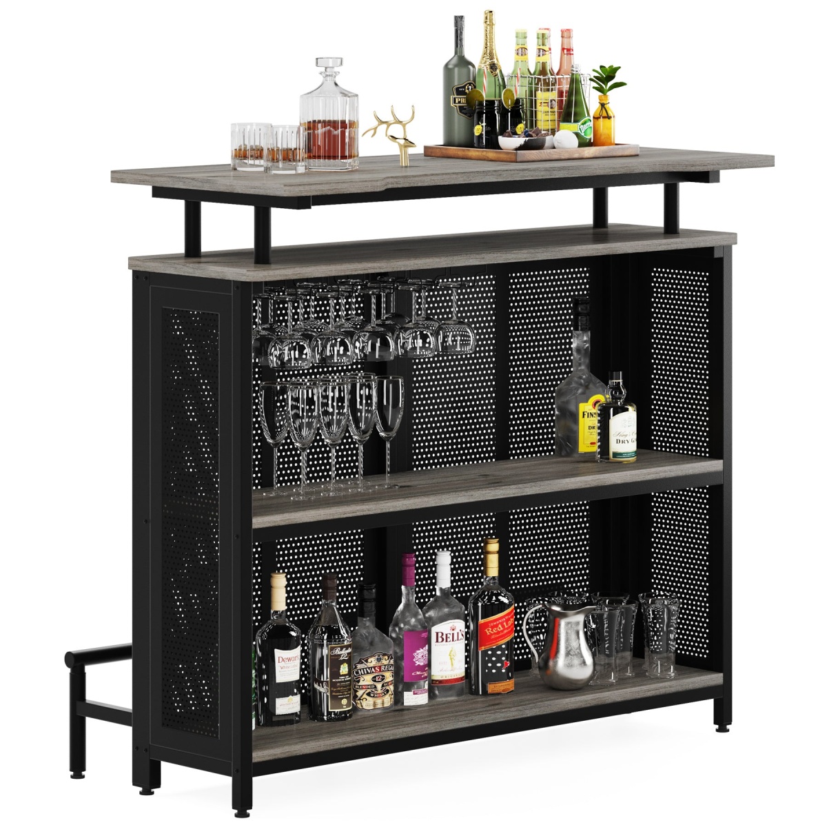 Bar Unit, 3 Tier Liquor Home Bar Table with Stemware Racks - Image 10