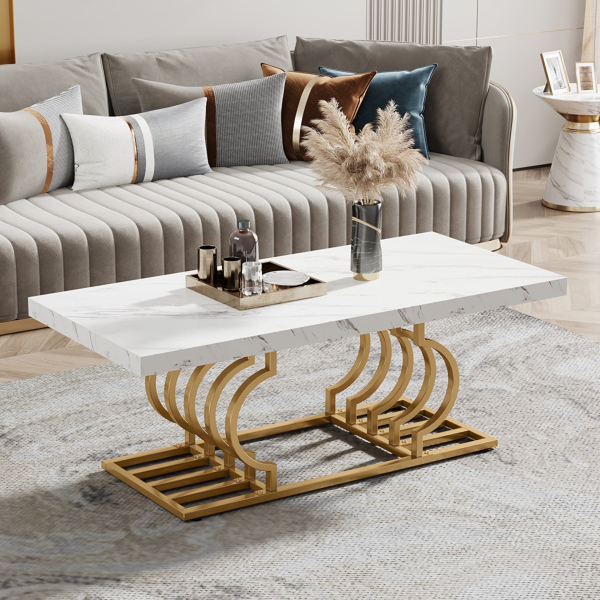 Coffee Table, 47? Faux Marble Cocktail Table with Geometric Frame - Image 1