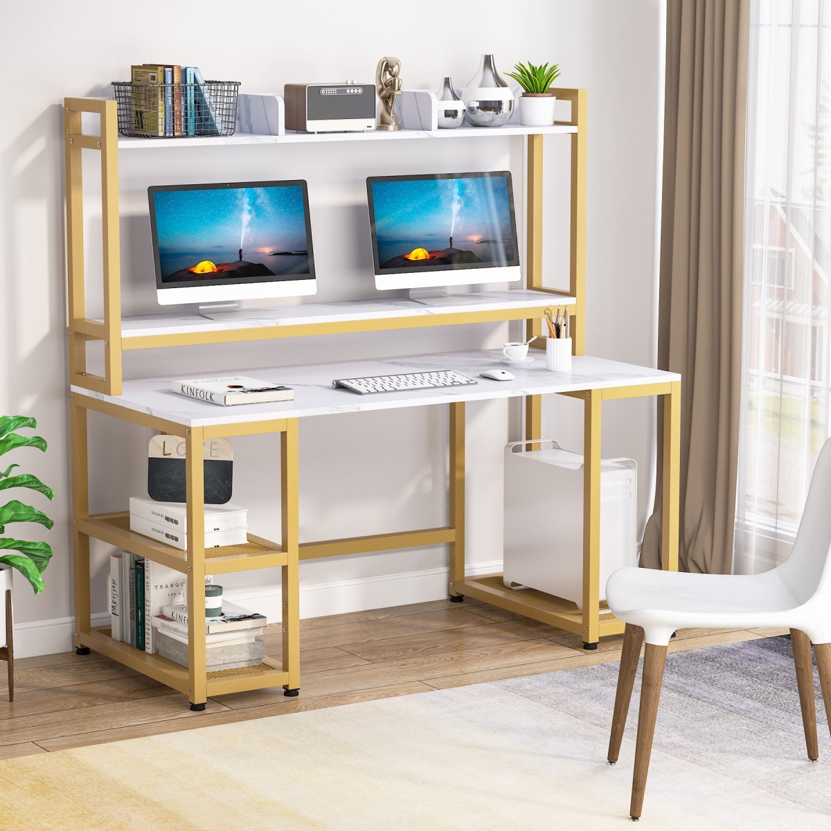Computer Desk, 55? Hutch Desk Writing Table with Monitor Stand - Image 10