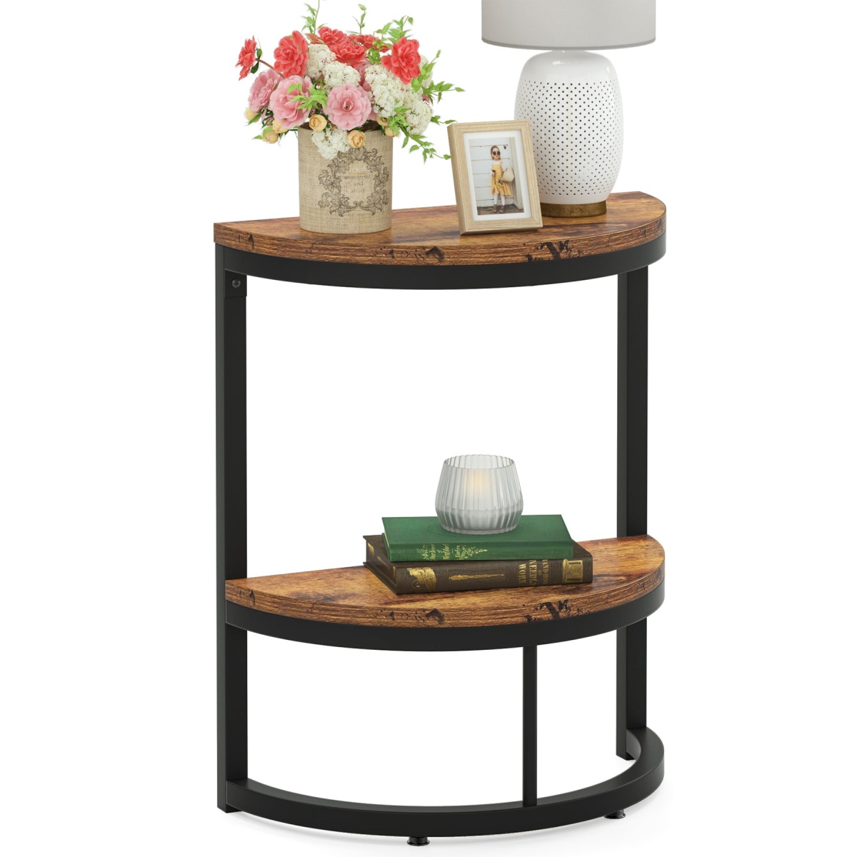 End Table, Half Round Narrow Side Table with Metal Frame - Image 7