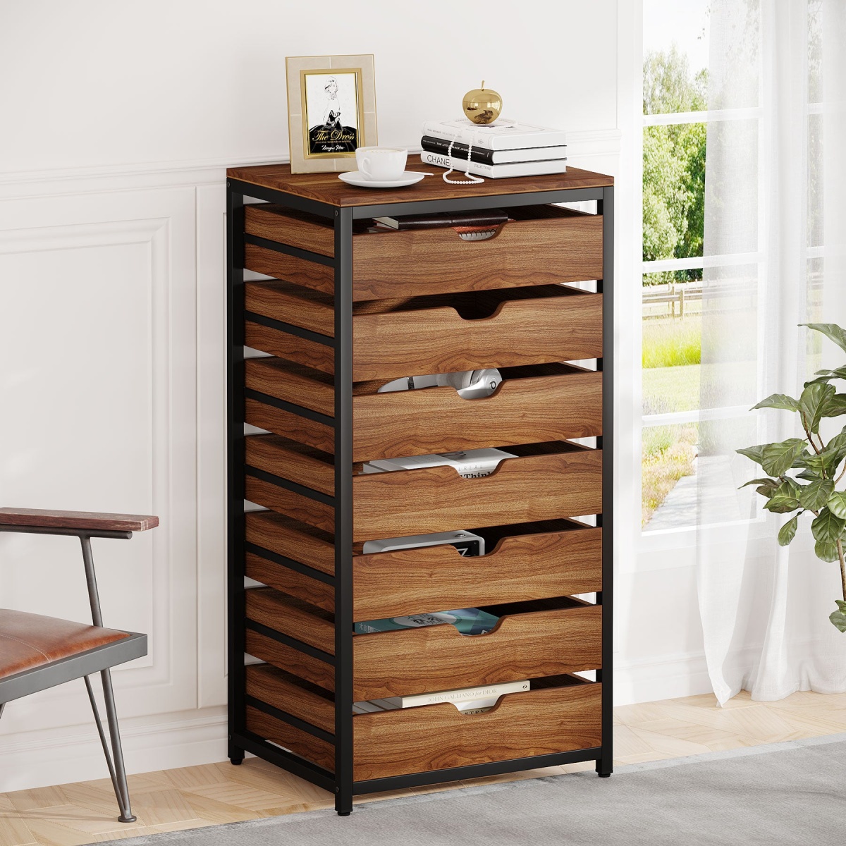 7 Drawer Chest, Industrial Storage Dresser Cabinet with Metal Legs - Image 1