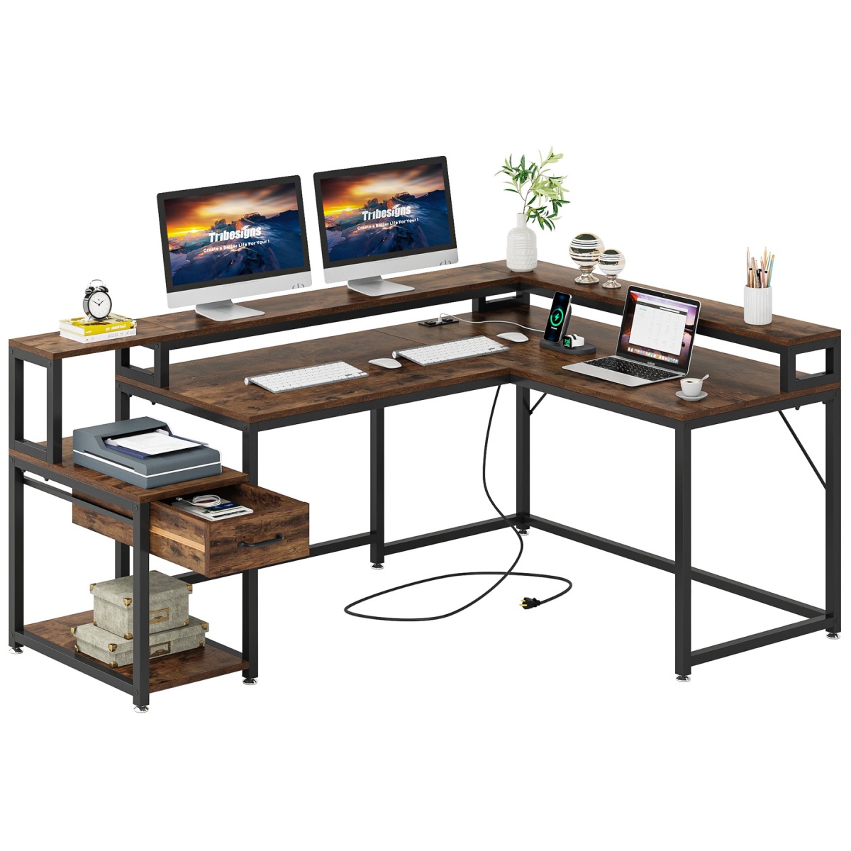 L-Shaped Desk, Corner Desk with Power Outlets, Monitor Stand & Drawer - Image 1