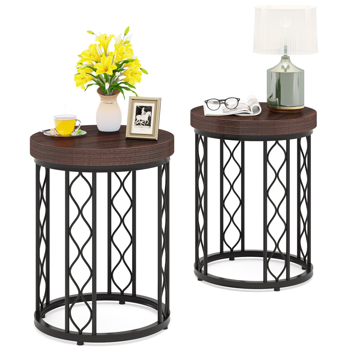 End Table, Round Side Table Nightstand with Metal Frame - Image 8