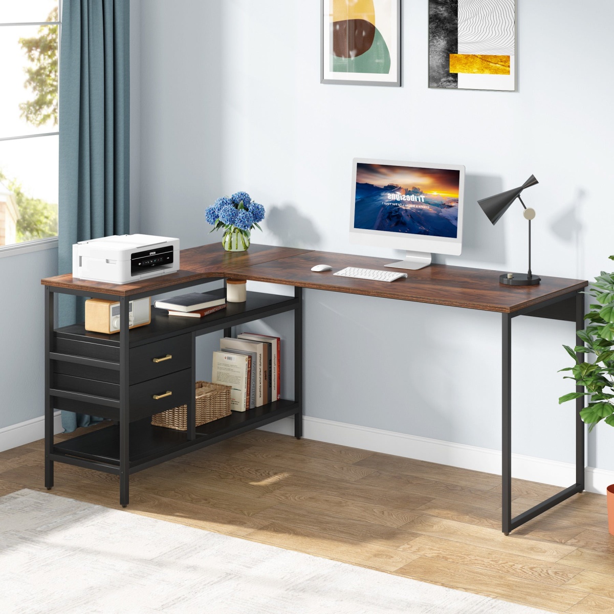 L-Shaped Desk, 59? Computer Desk with 2 Drawers & Storage Shelves - Image 2