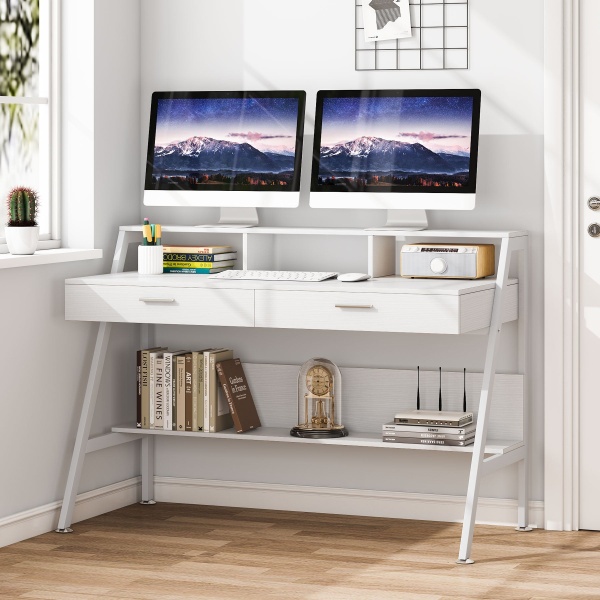 Computer Desk, 47? Writing Desk with Storage Shelf & Drawers