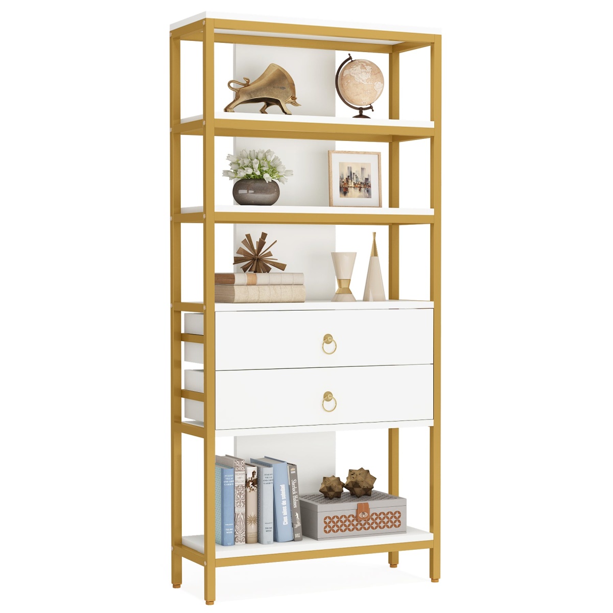Bookshelf, 5-Tier Bookcase with 2 Drawers & LED Light - Image 1