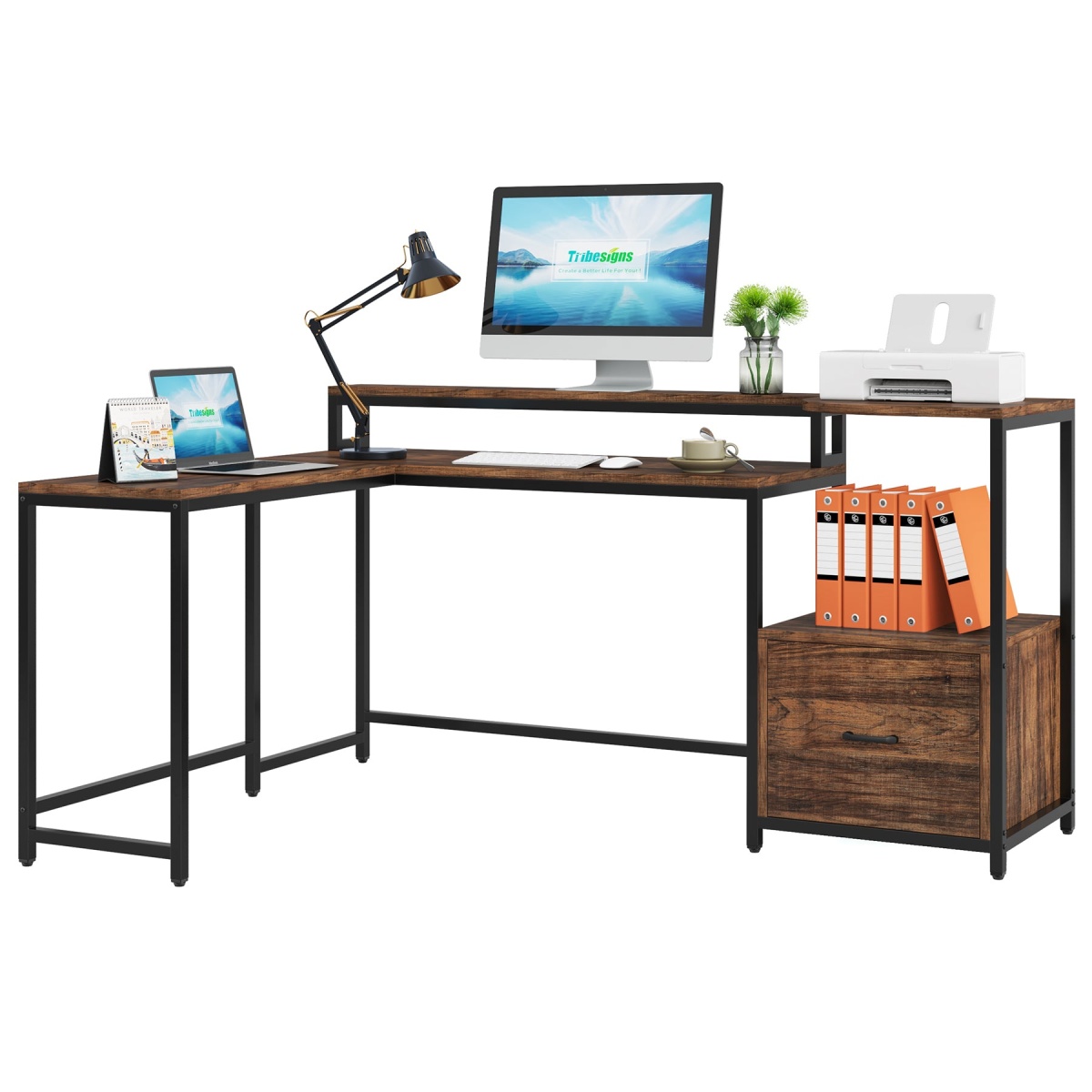 L-Shaped Desk, 67 Inch Corner Computer Desk with Hutch and Drawer - Image 1
