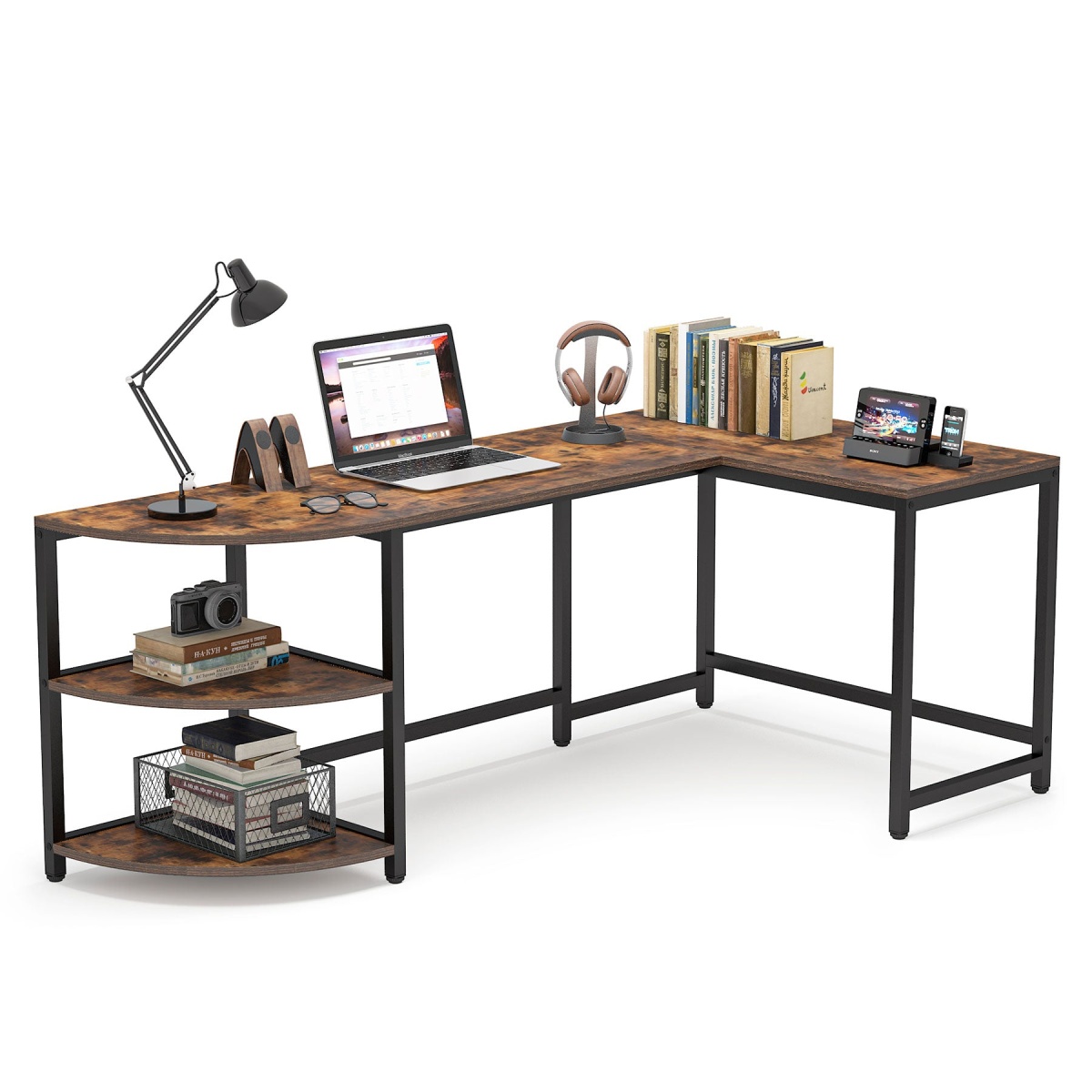 L-Shaped Desk, 75 inch Corner Computer Desk with Reversible Shelves - Image 1