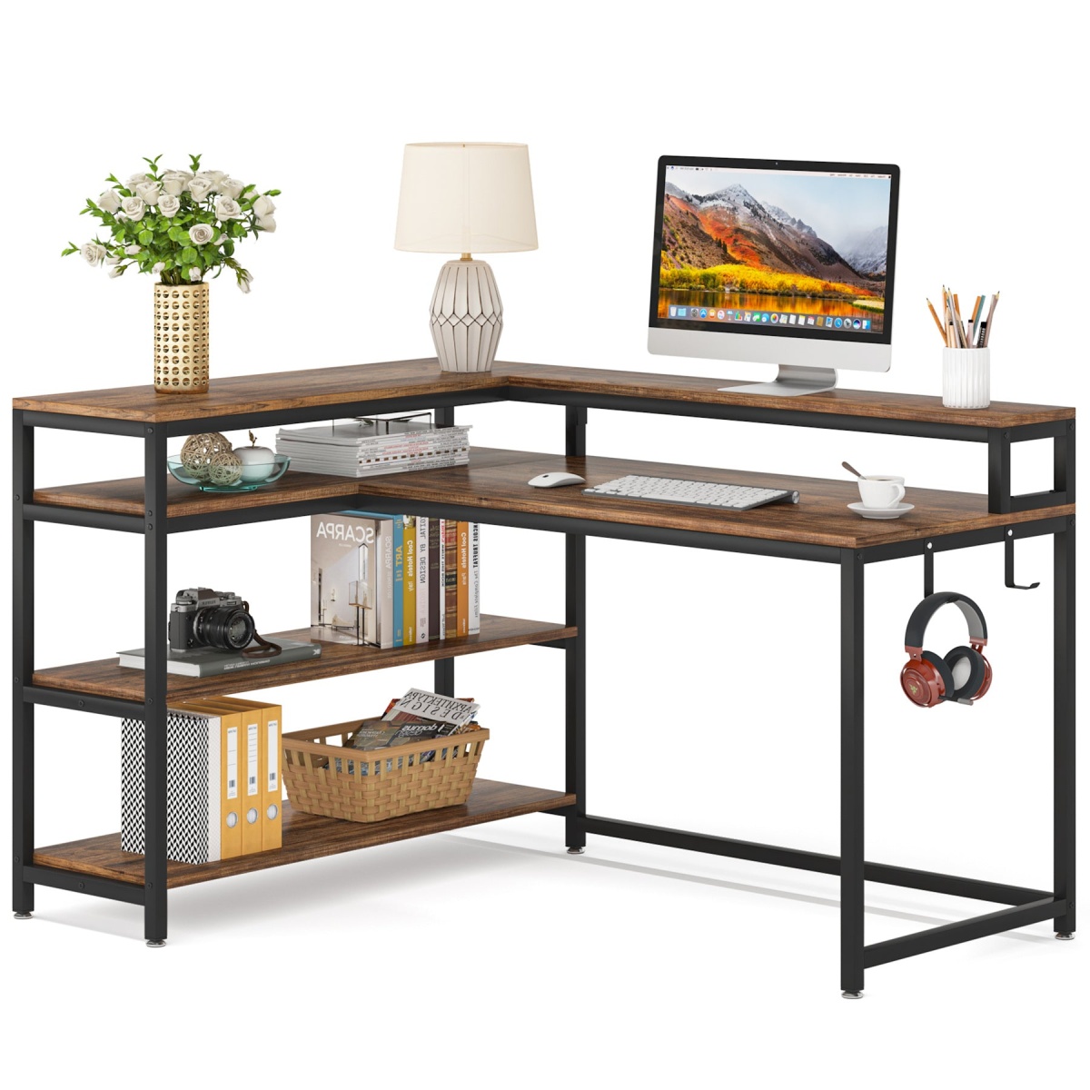 L-Shaped Desk, 53? Reversible Corner Desk with Shelves and Monitor Stand - Image 8