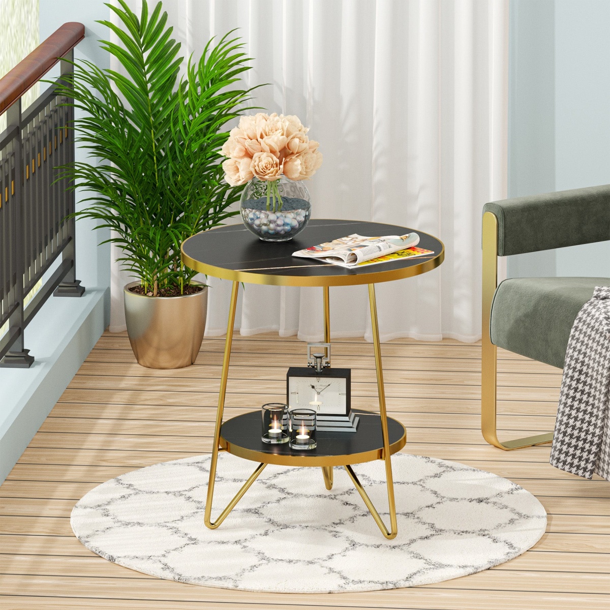 End Table, 2 Tier Round Sofa Bedside Table with Shelves - Image 10