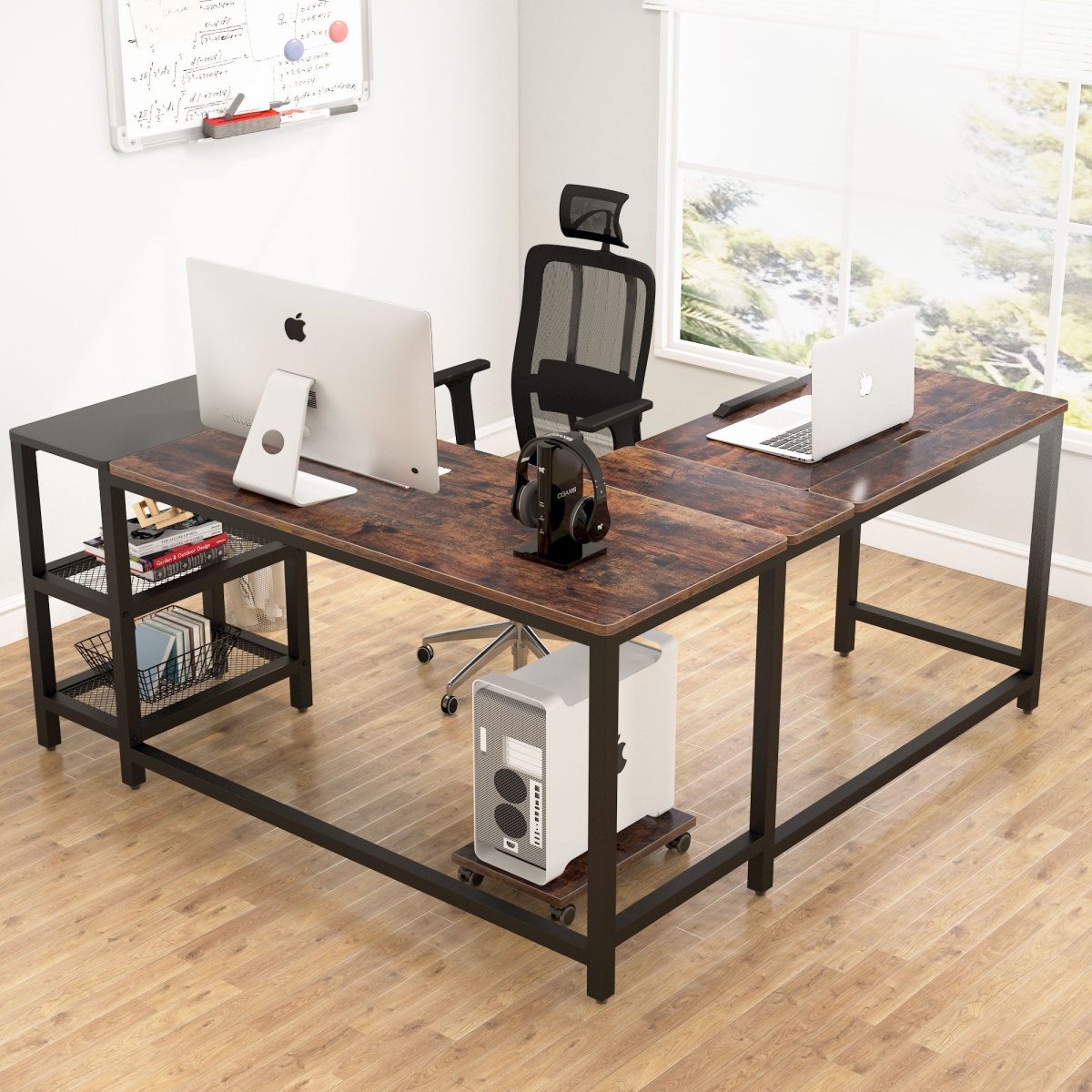 L-Shaped Desk, 59? Corner Computer Desk Drafting Table with Shelves - Image 4