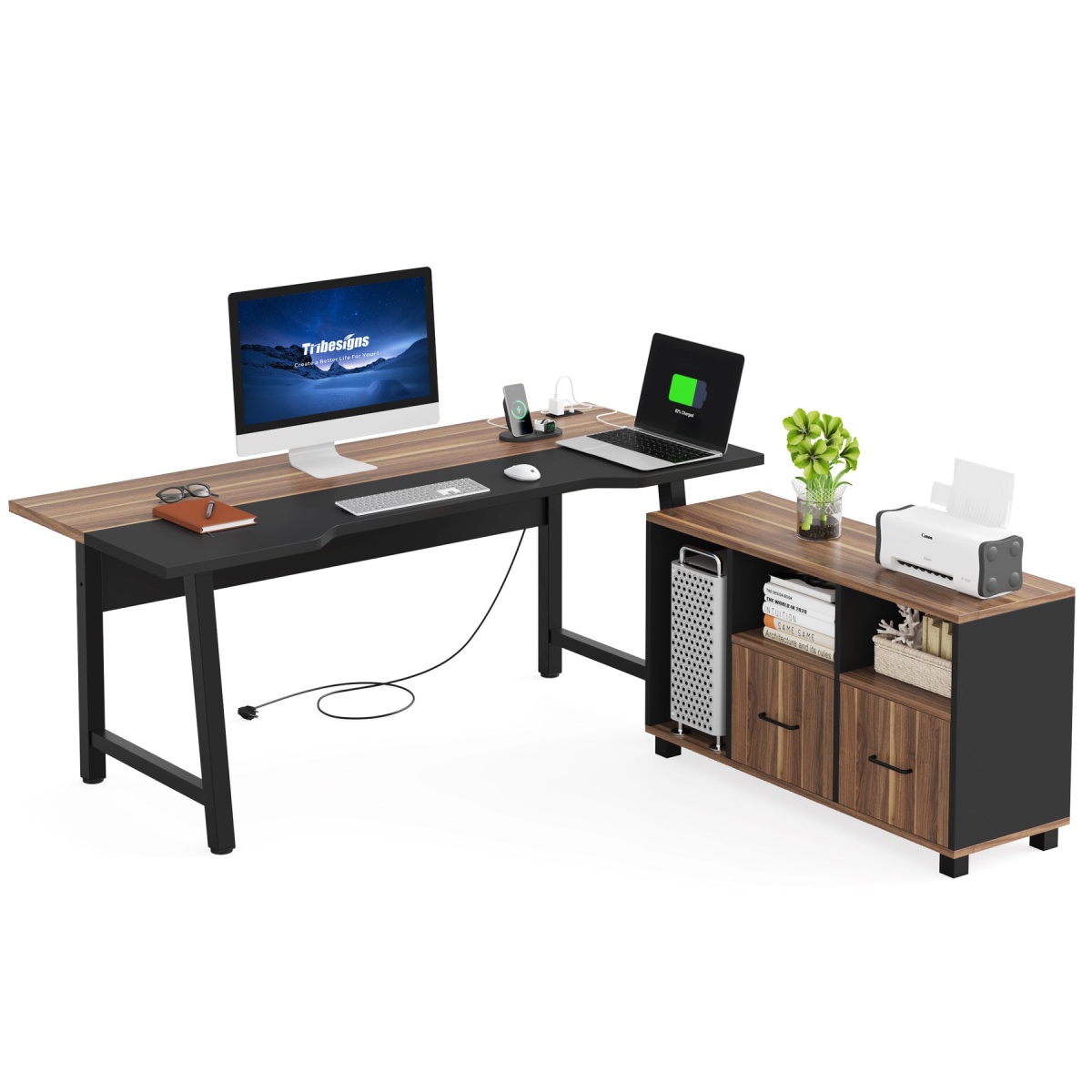 L-Shaped Desk, 70.9? Computer Desk with Power Outlet and File Cabinet - Image 1