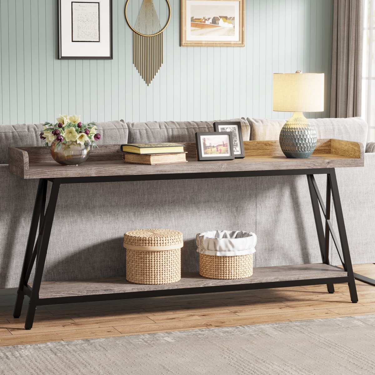 Console Table, 2-Tier Narrow Sofa Table Behind Couch Entryway Table - Image 8