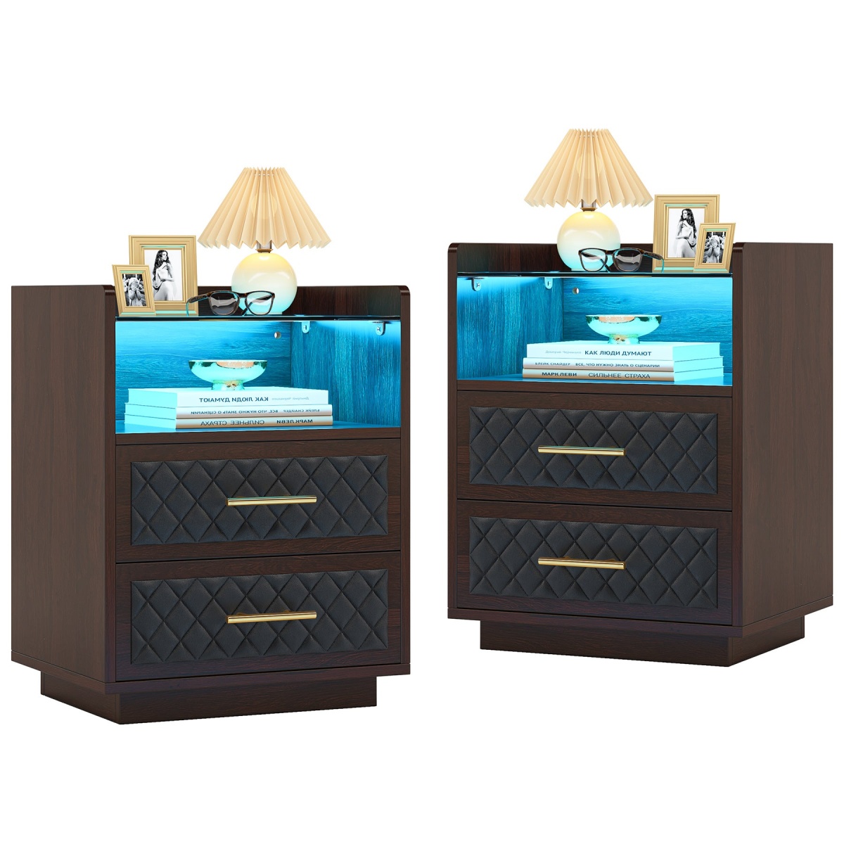 Nightstand, 2 Drawers Beside Table with LED Lights and Shelves - Image 9