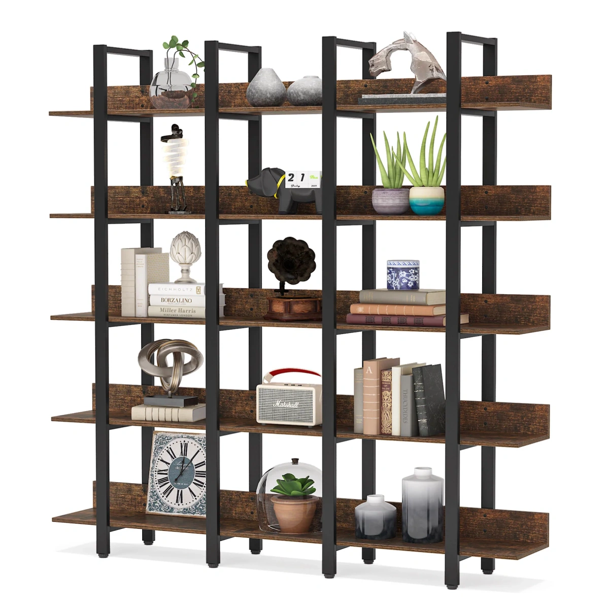 Bookcase, Industrial Triple Wide 5-Tiers Open Bookshelf - Image 1