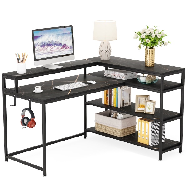 L-Shaped Desk, 53? Reversible Corner Desk with Shelves and Monitor Stand