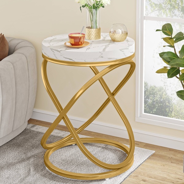 End Table, 26? Tall Round Sofa Side Table with Faux Marble Top