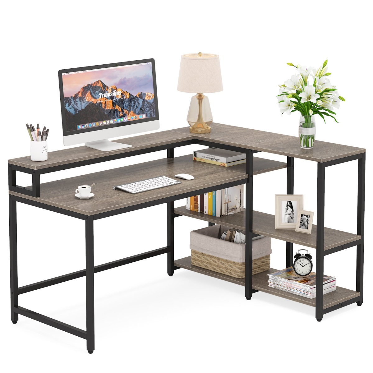 Reversible L Shaped Computer Corner Desk with Shelves - Image 12