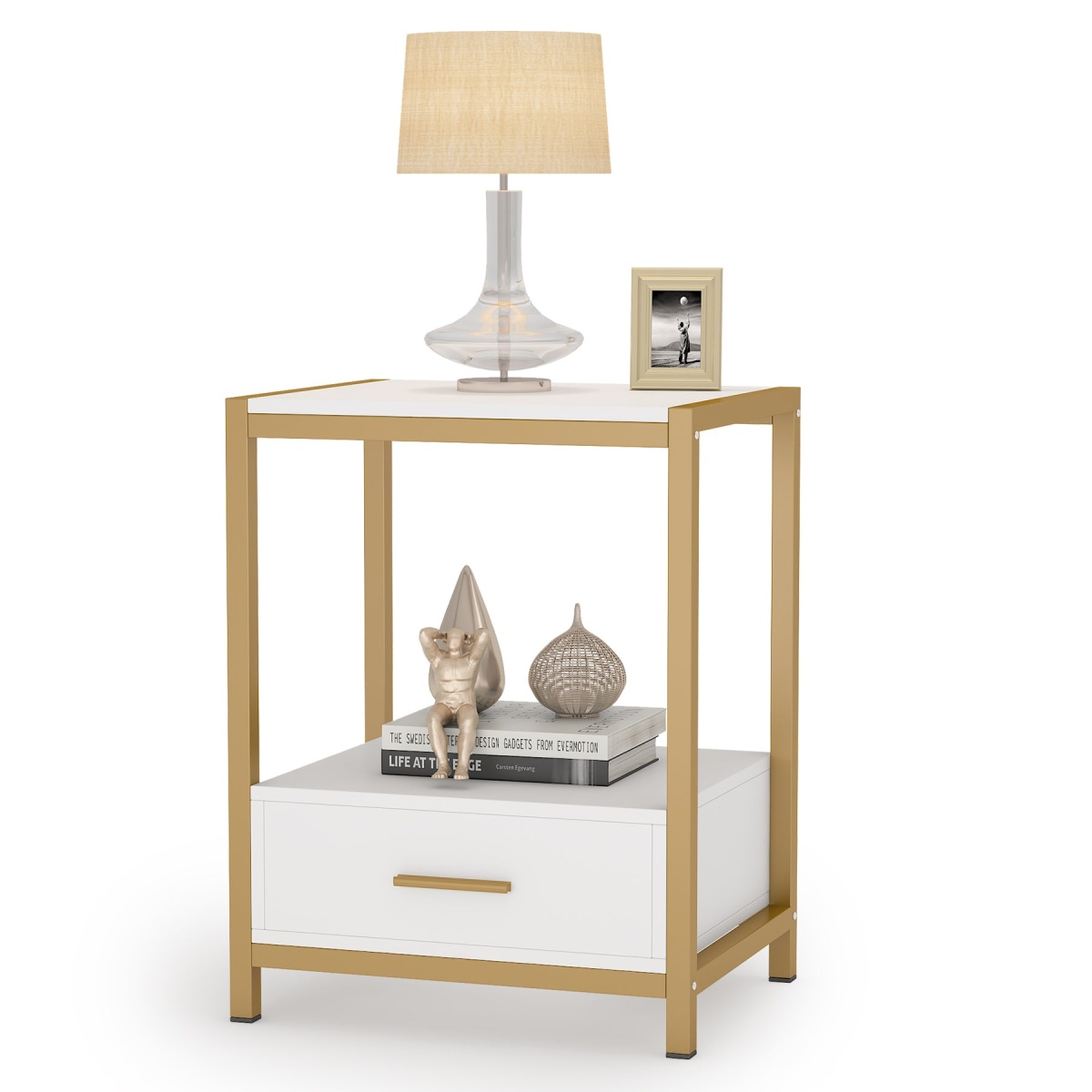 Nightstands, End Side Table with Drawer & Storage Shelf - Image 1
