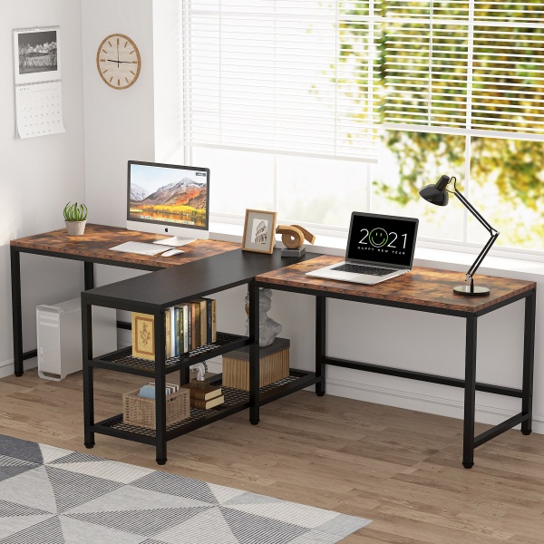 Two Person Desk, 94.5? Double Computer Desk with Shelves