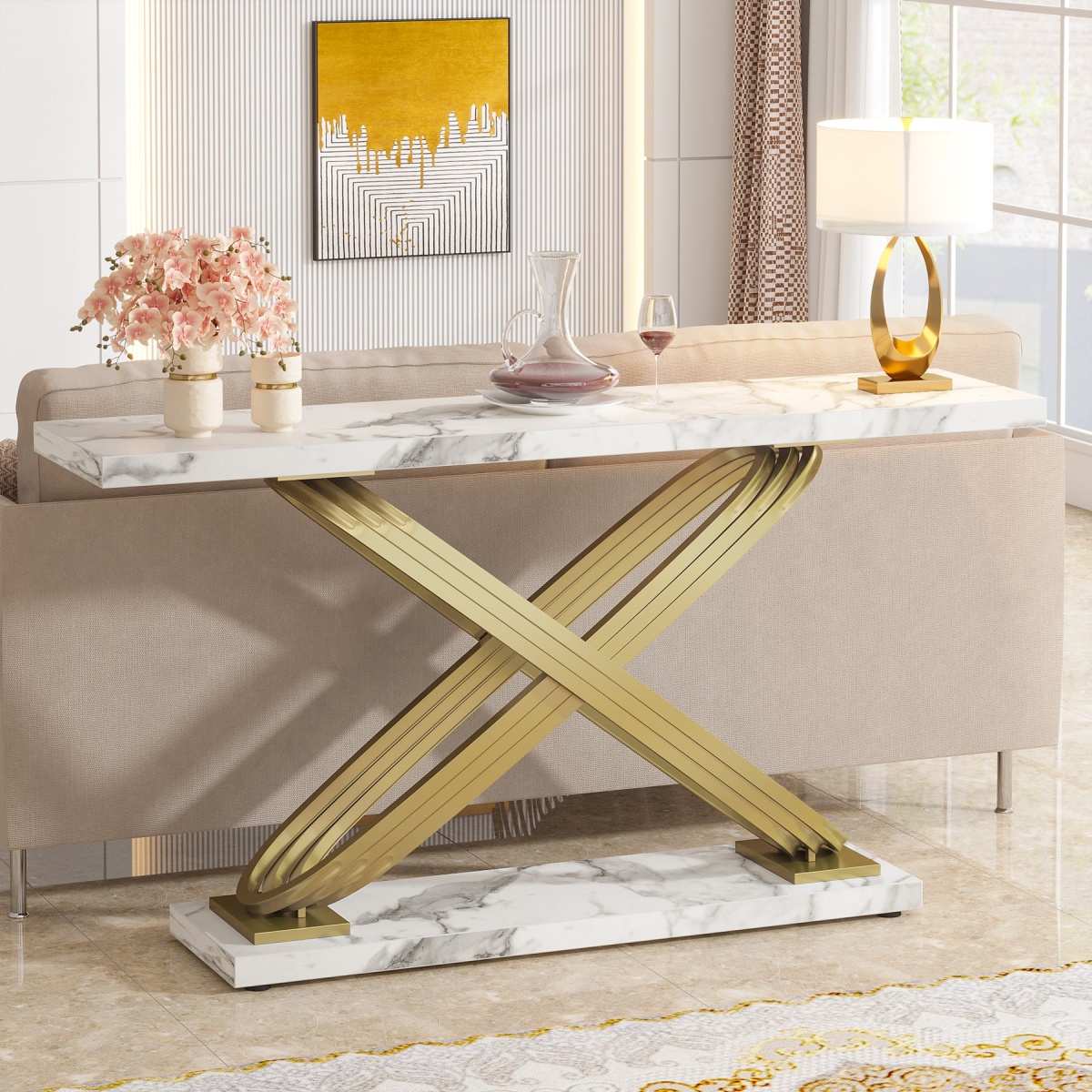 Console Table, 55? Modern Faux Marble Sofa Entryway Table - Image 2