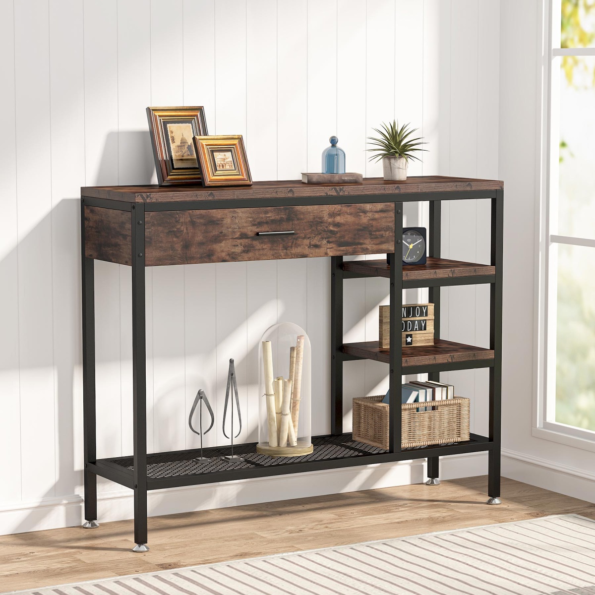 Sofa Console Table with Drawers, Rustic Industrial Entry Table - Image 4