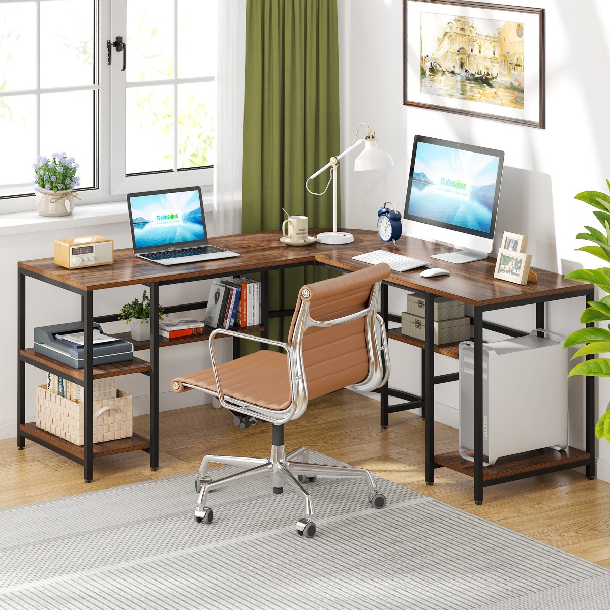 L-Shaped Desk, 59? Reversible Corner Computer Desk with Storage Shelves - Image 4