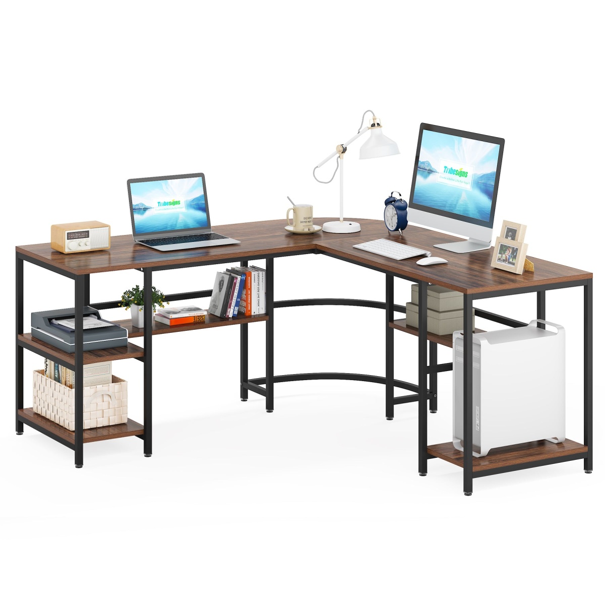 L-Shaped Desk, 59? Reversible Corner Computer Desk with Storage Shelves - Image 1