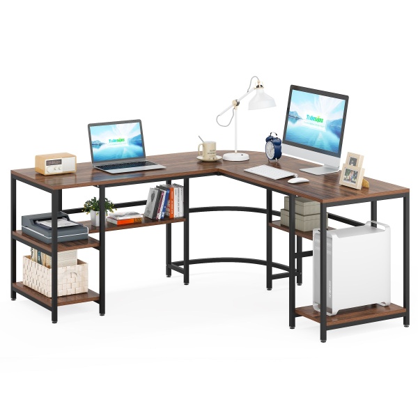 L-Shaped Desk, 59? Reversible Corner Computer Desk with Storage Shelves
