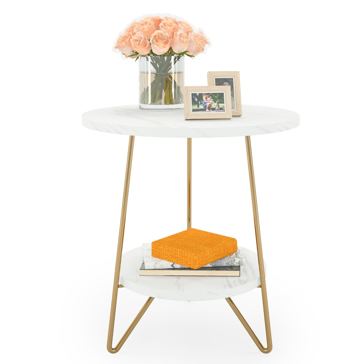 End Table, 2 Tier Round Sofa Bedside Table with Shelves - Image 1