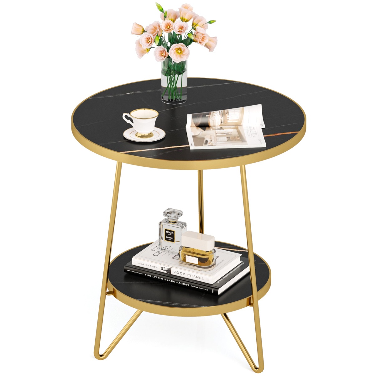 End Table, 2 Tier Round Sofa Bedside Table with Shelves - Image 9