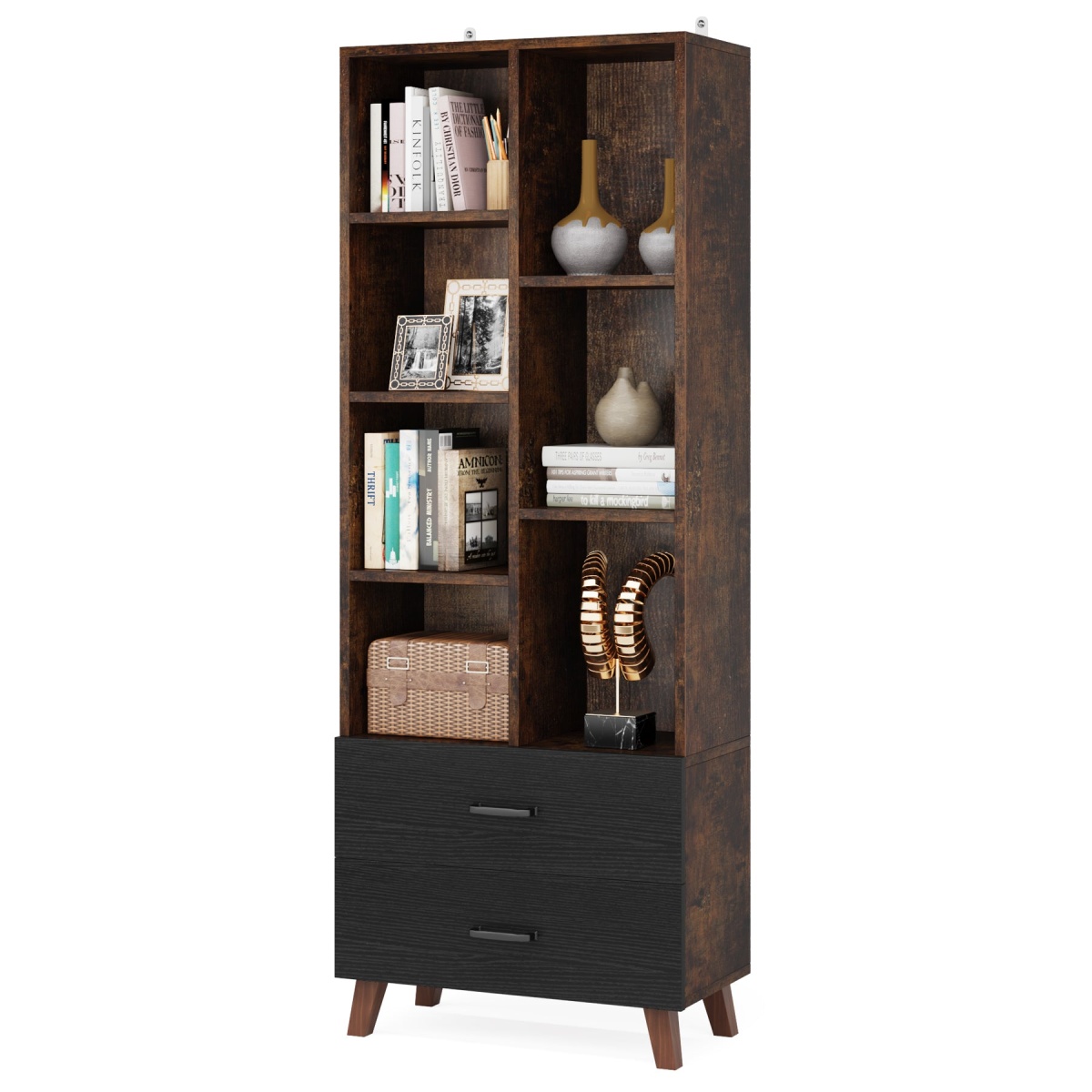 Bookshelf, 7 Cube Bookcase Rack with 2 Storage Drawers - Image 1