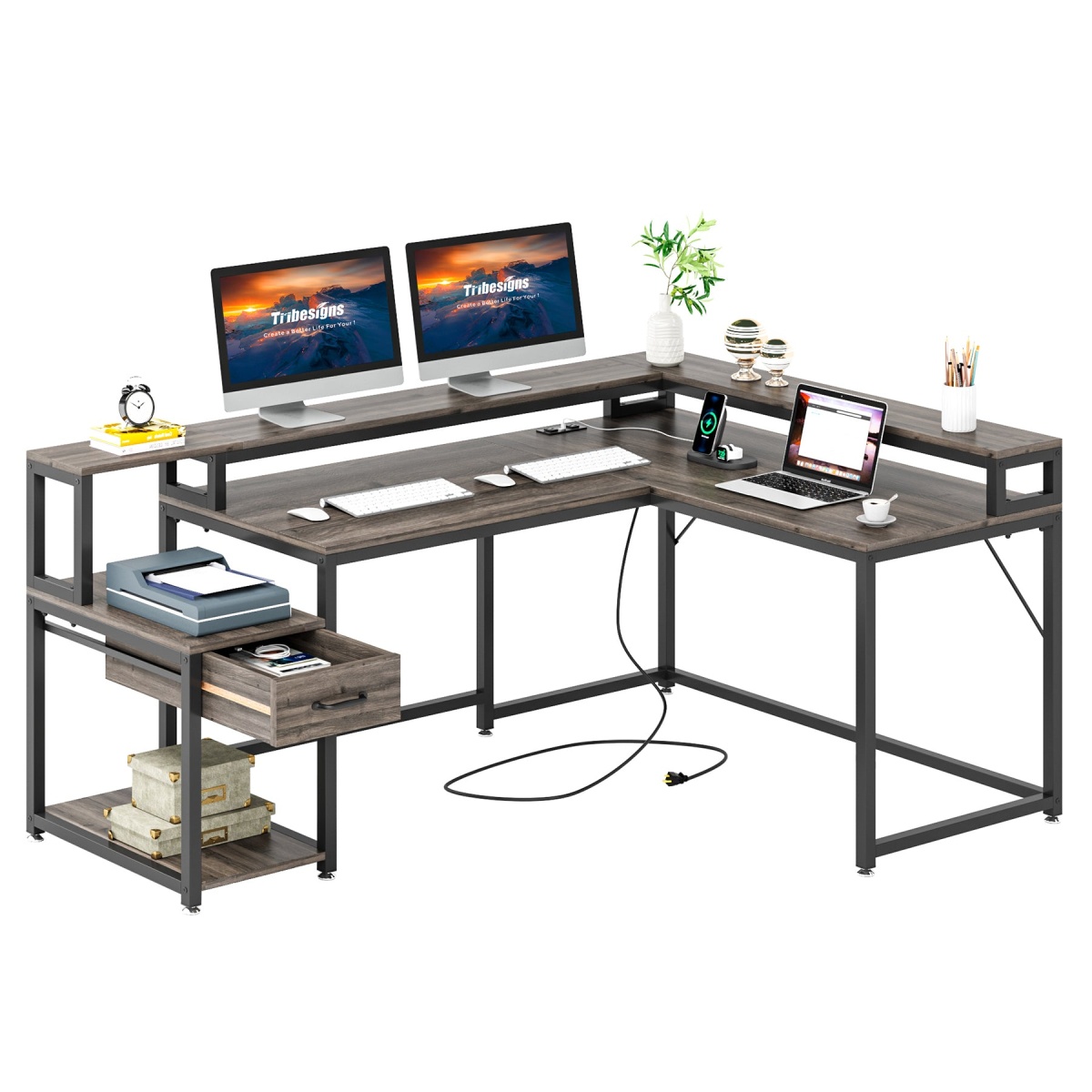 L-Shaped Desk, Corner Desk with Power Outlets, Monitor Stand & Drawer - Image 8