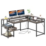 L-Shaped Desk, Corner Desk with Power Outlets, Monitor Stand & Drawer - Image 8