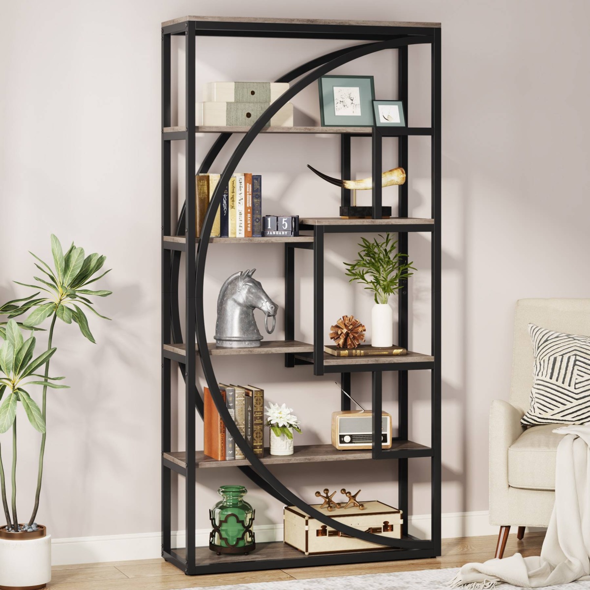 Bookshelf, Industrial Bookcase with 8 Open Storage Shelf - Image 4