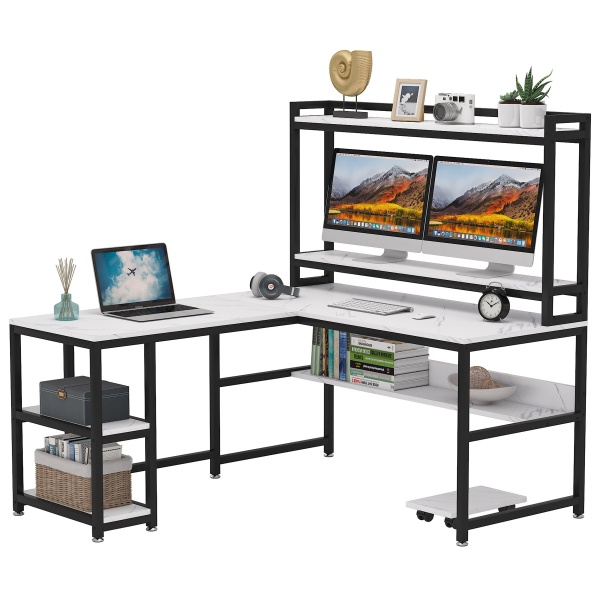 L-Shaped Desk, 59? Corner Computer Desk with Hutch and Shelves
